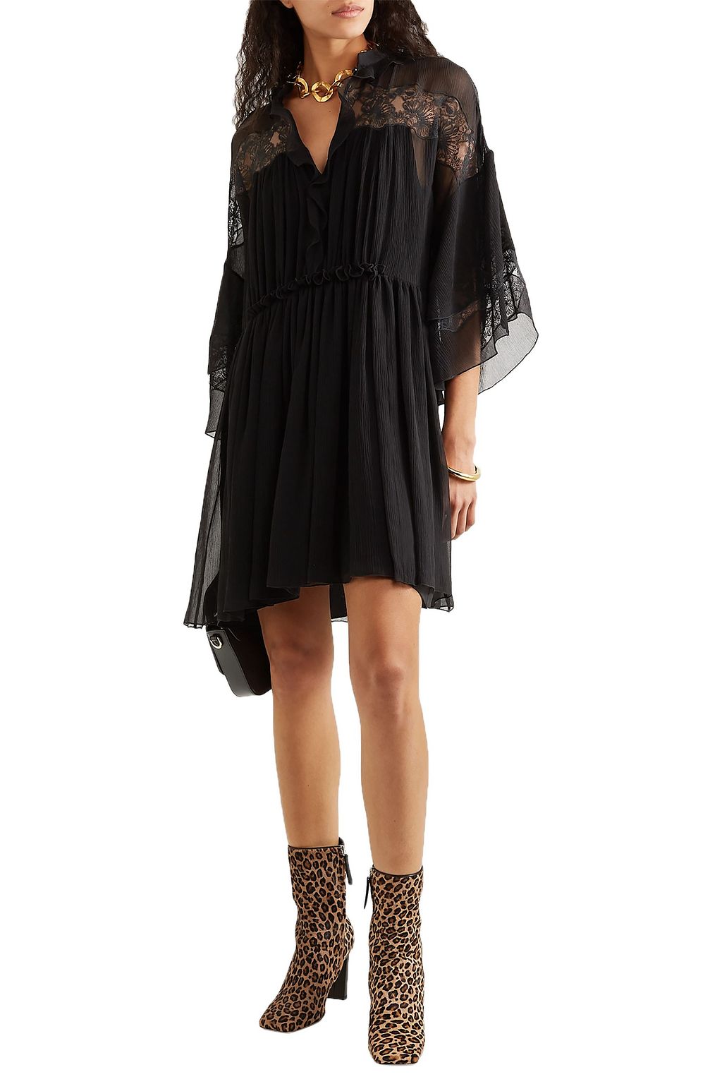 CHLOÉ Gathered lace-trimmed silk-crepon mini dress