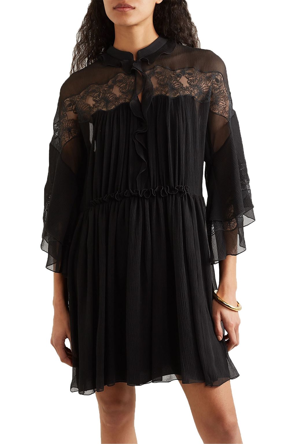 CHLOÉ Gathered lace-trimmed silk-crepon mini dress