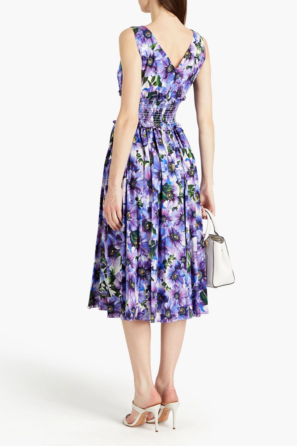 DOLCE&GABBANA Ruffle-trimmed shirred floral-print cotton-poplin midi dress