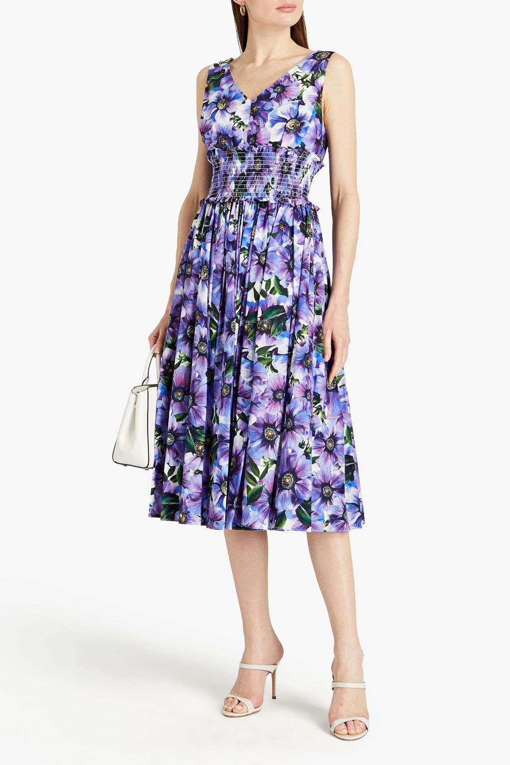 DOLCE&GABBANA Ruffle-trimmed shirred floral-print cotton-poplin midi dress