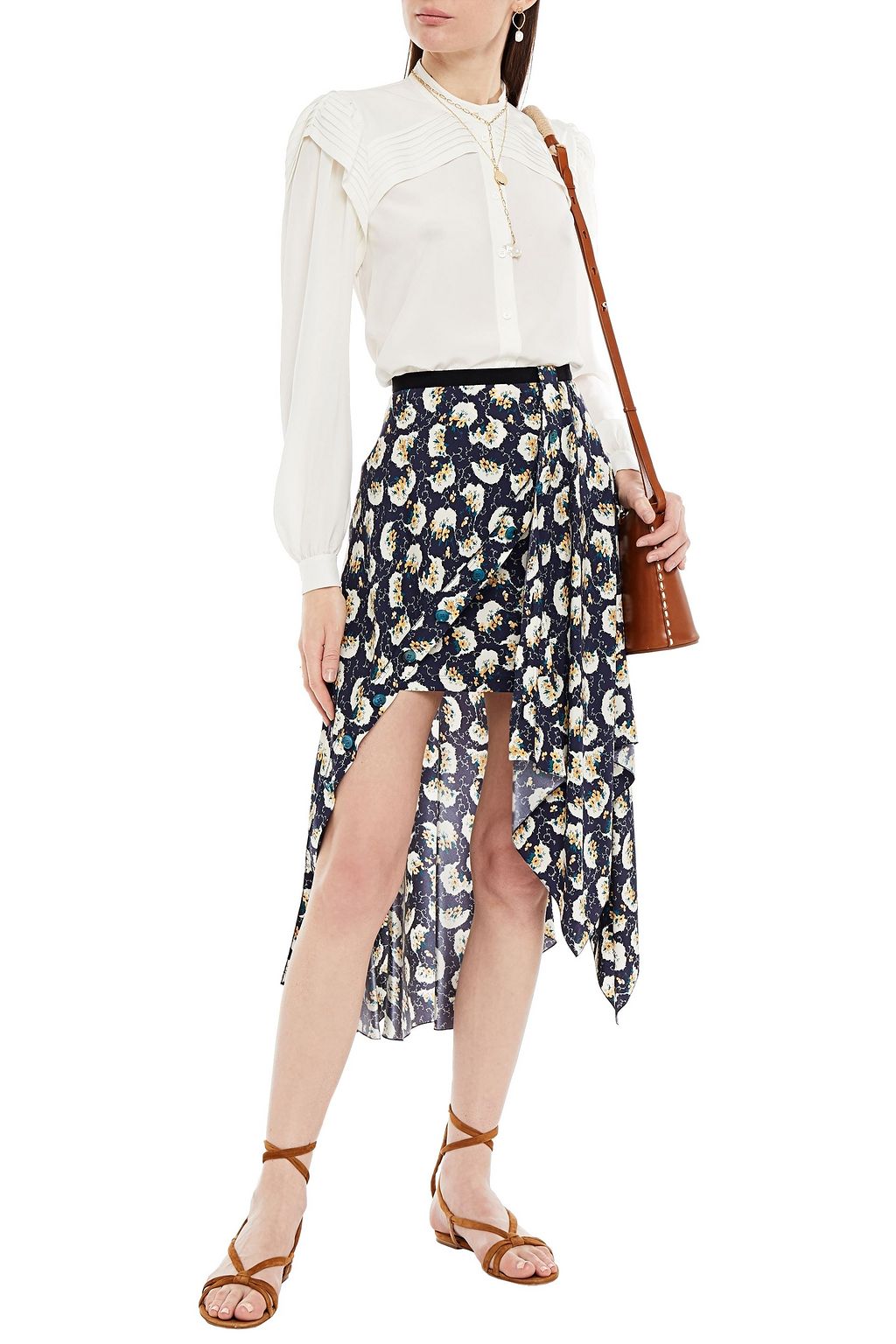 CHLOÉ Asymmetric floral-print silk-blend cady skirt