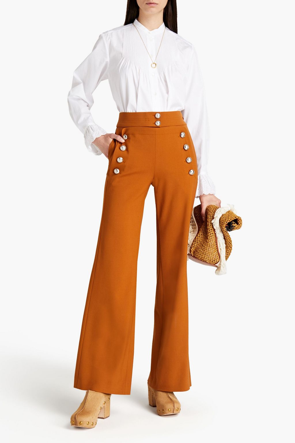 CHLOÉ Button-embellished wool-blend wide-leg pants