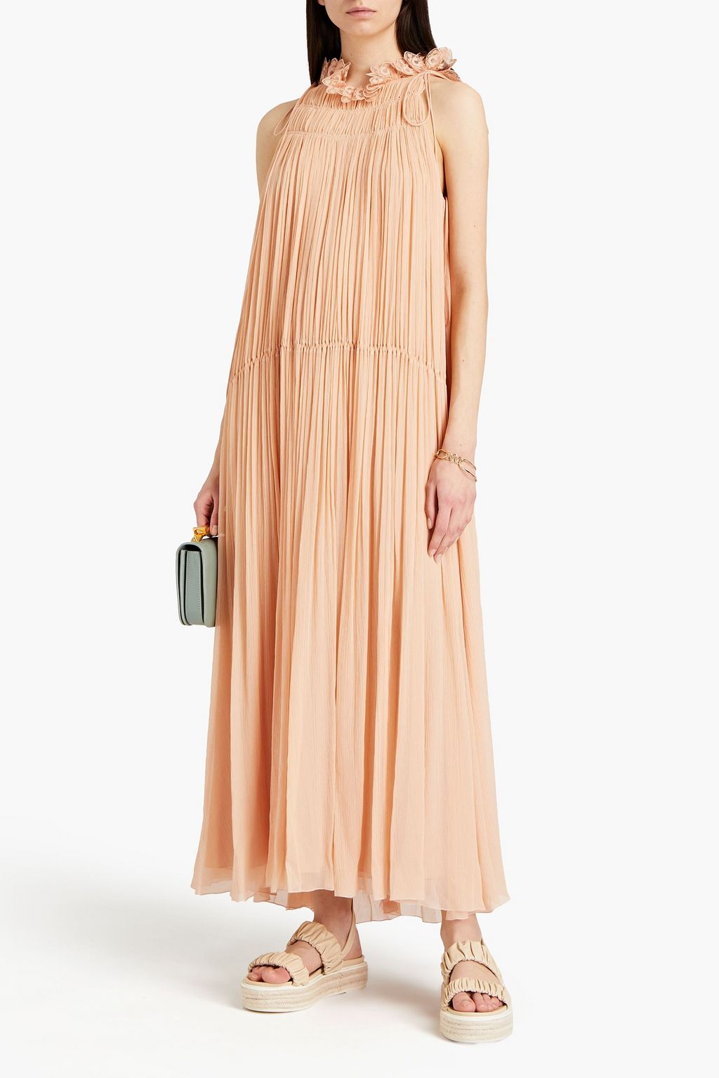CHLOÉ Embroidered organza-trimmed silk-crepon maxi dress