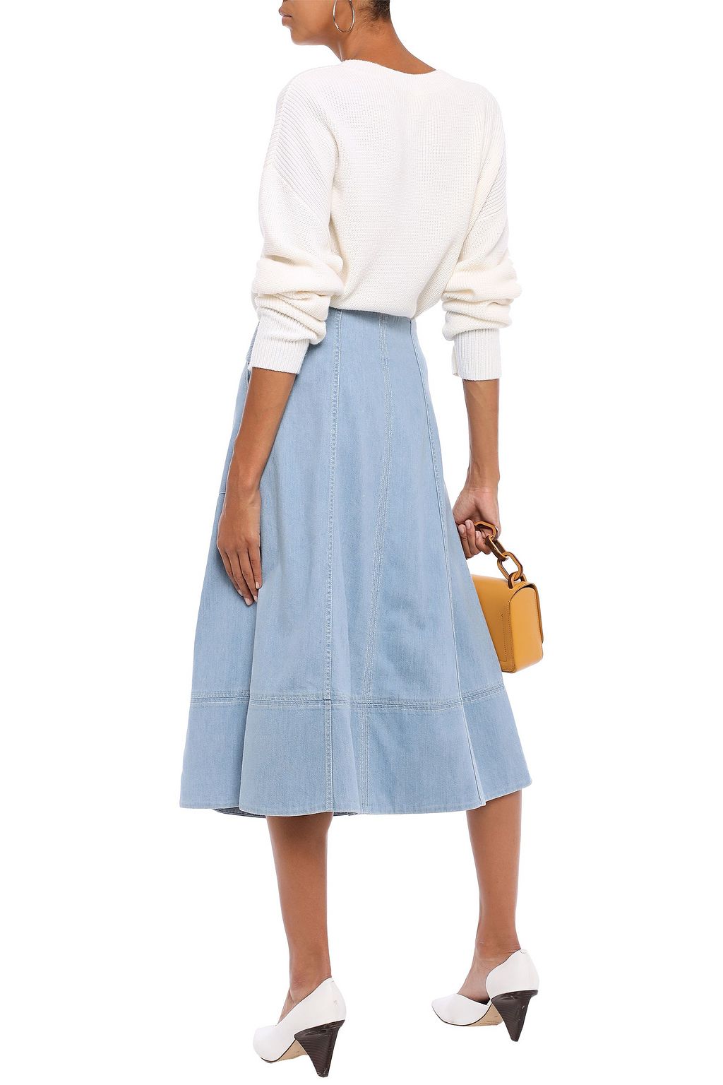 SEA Belted flared denim midi skirt