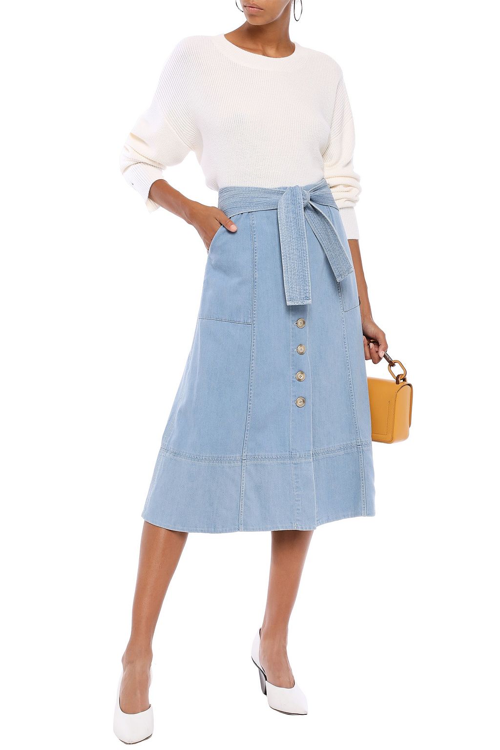 SEA Belted flared denim midi skirt