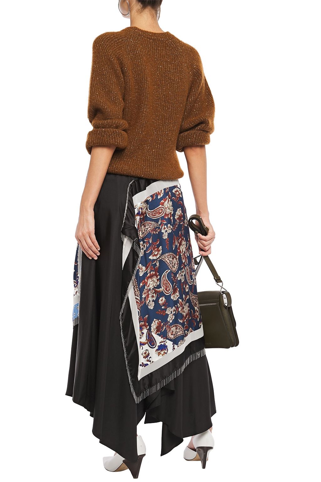 3.1 PHILLIP LIM Asymmetric fringed patchwork silk midi skirt