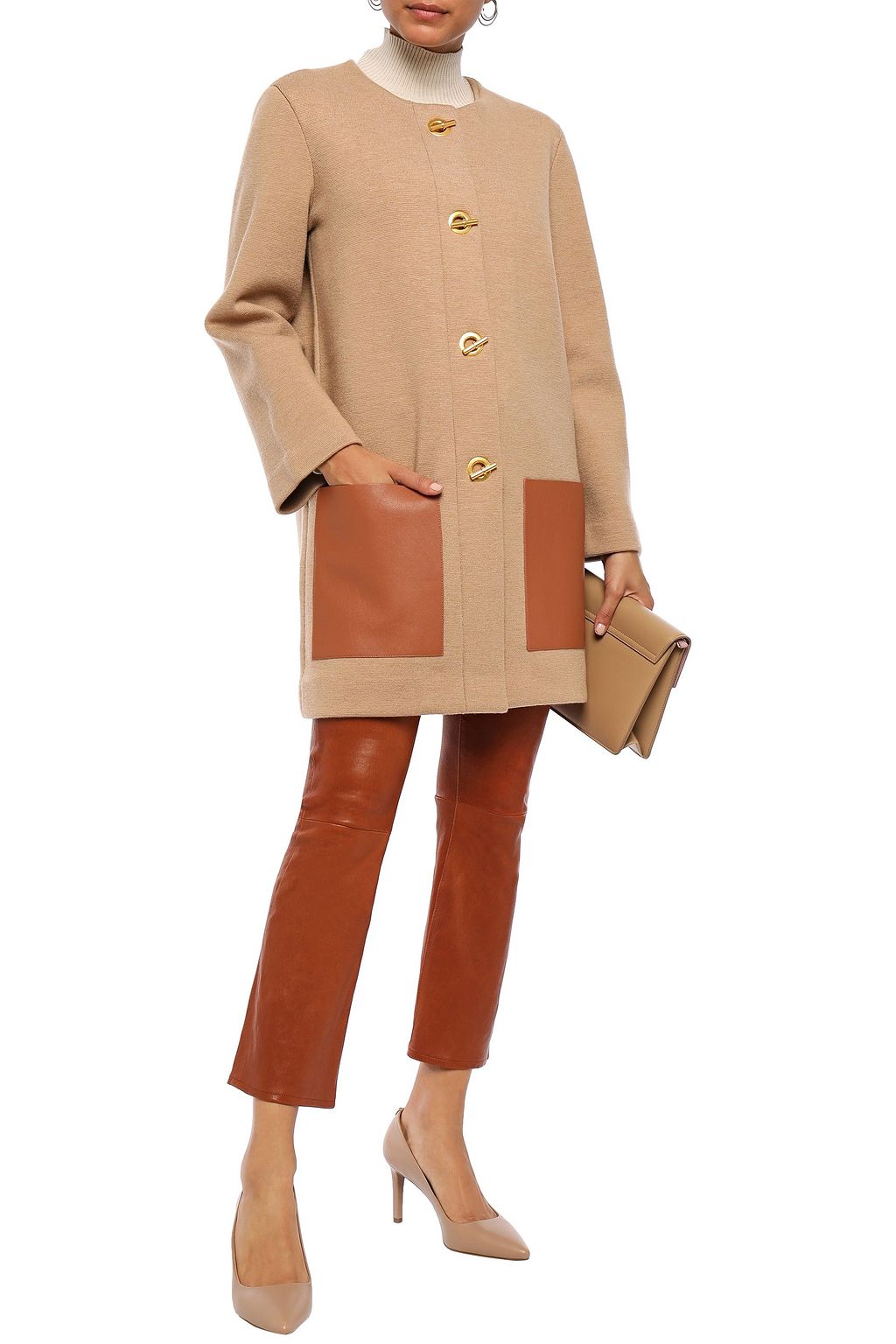 TORY BURCH Leather-trimmed wool coat