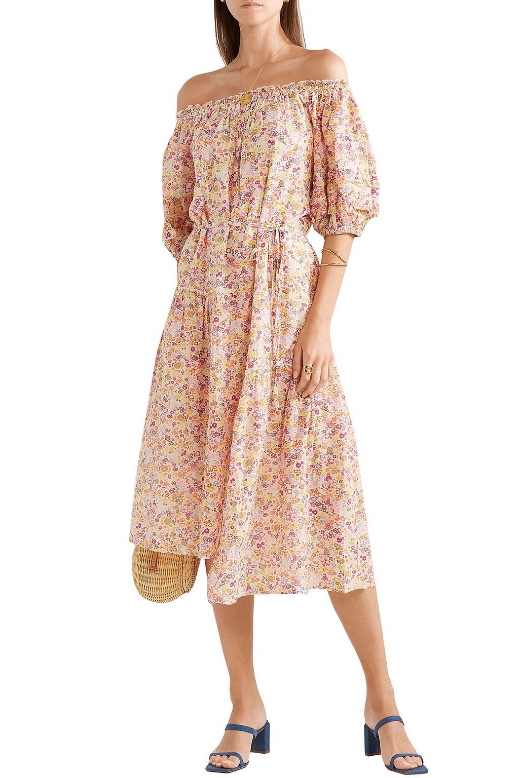 APIECE APART Asymmetric off-the-shoulder floral-print cotton-blend voile midi dress