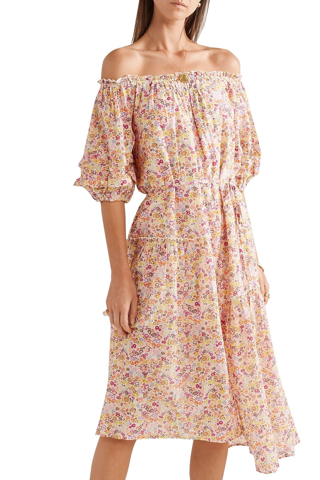 APIECE APART Asymmetric off-the-shoulder floral-print cotton-blend voile midi dress