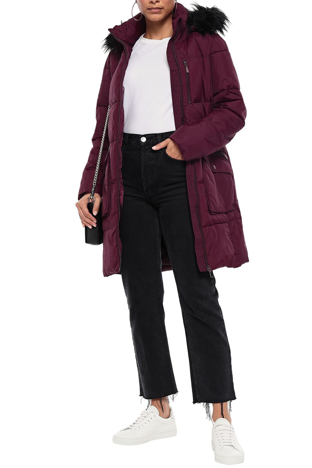 DKNY Faux fur-trimmed quilted shell hooded coat