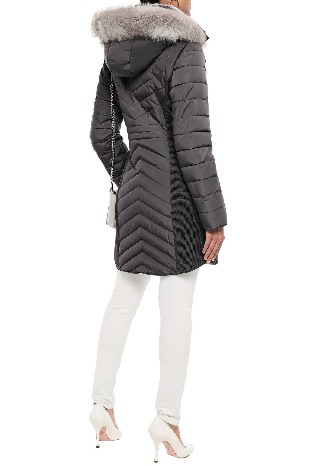 DKNY Faux fur-trimmed quilted shell hooded coat