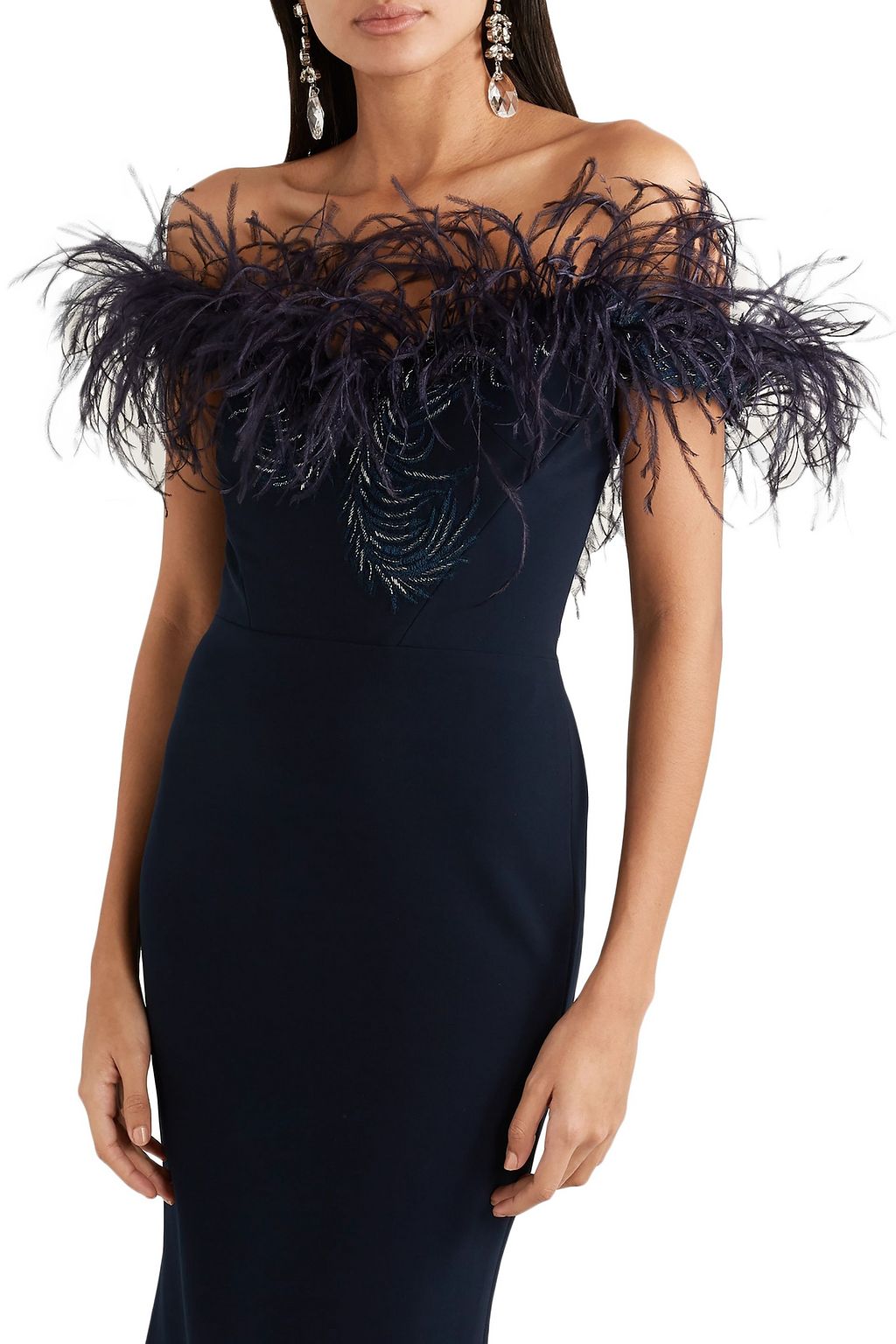 MARCHESA Off-the-shoulder feather-trimmed sequined cady midi dress ...