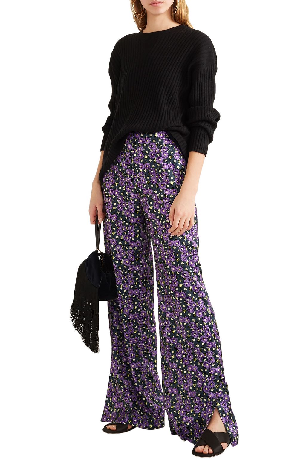 LELA ROSE Floral-print satin-twill wide-leg pants