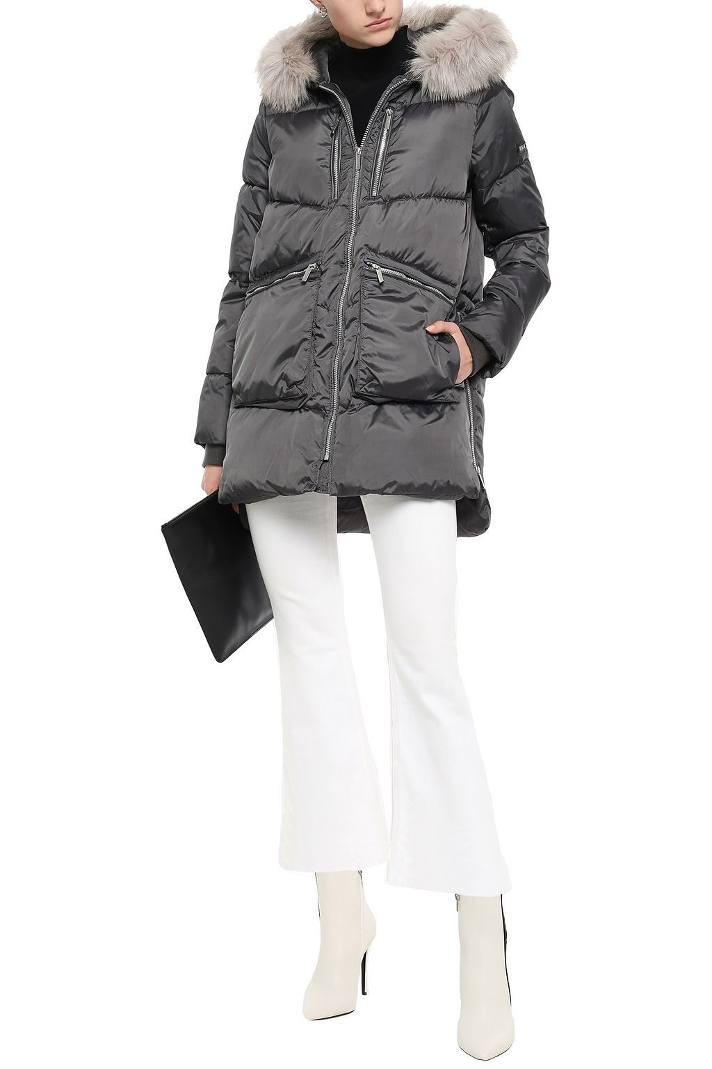DKNY Faux fur-trimmed quilted shell hooded coat