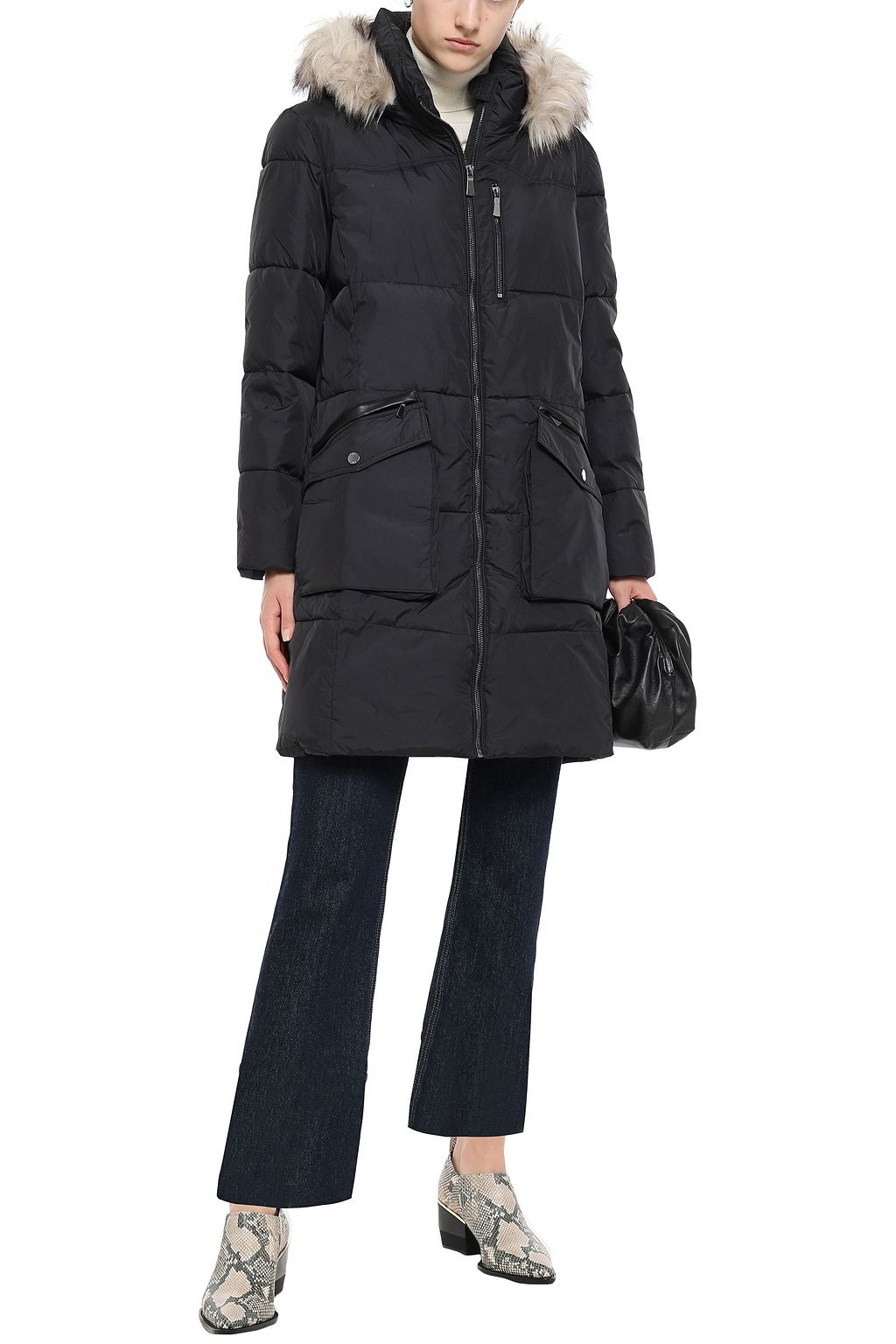 DKNY Faux fur-trimmed quilted shell hooded coat