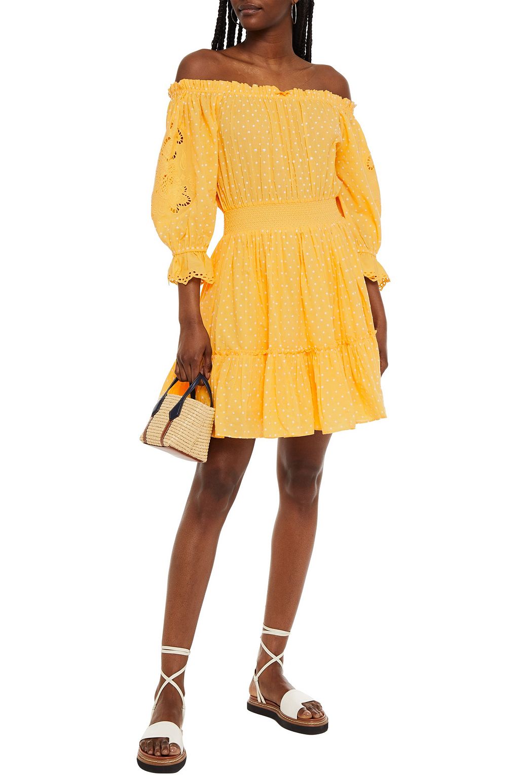 BYTIMO Off-the-shoulder shirred Swiss dot cotton mini dress