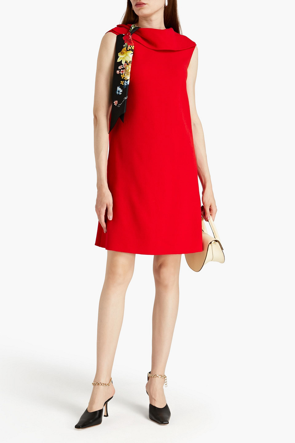 Oscar De La Renta Tie-neck Draped Wool-blend Crepe Mini Dress In Tomato Red