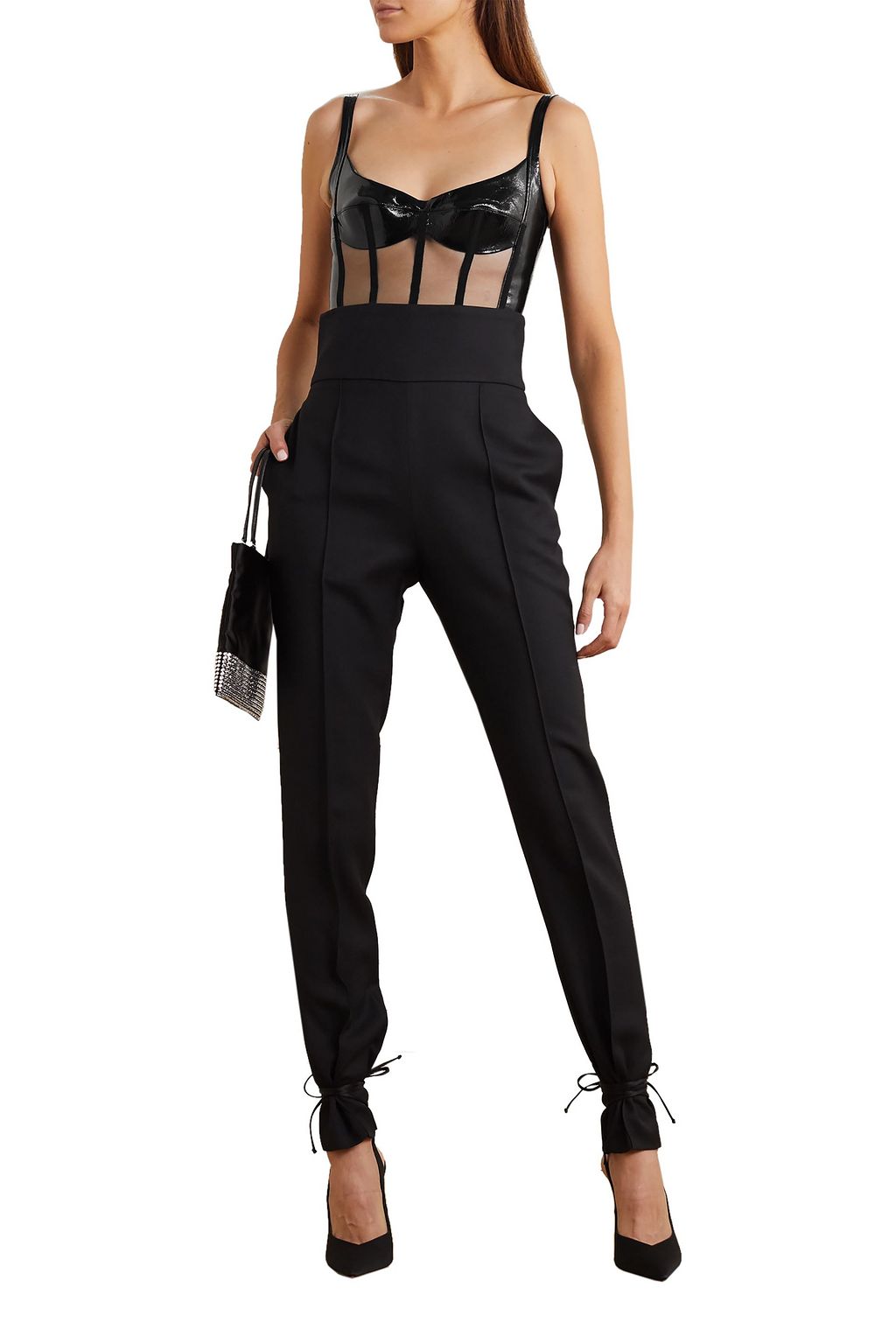 DAVID KOMA Patent-leather and tulle bodysuit