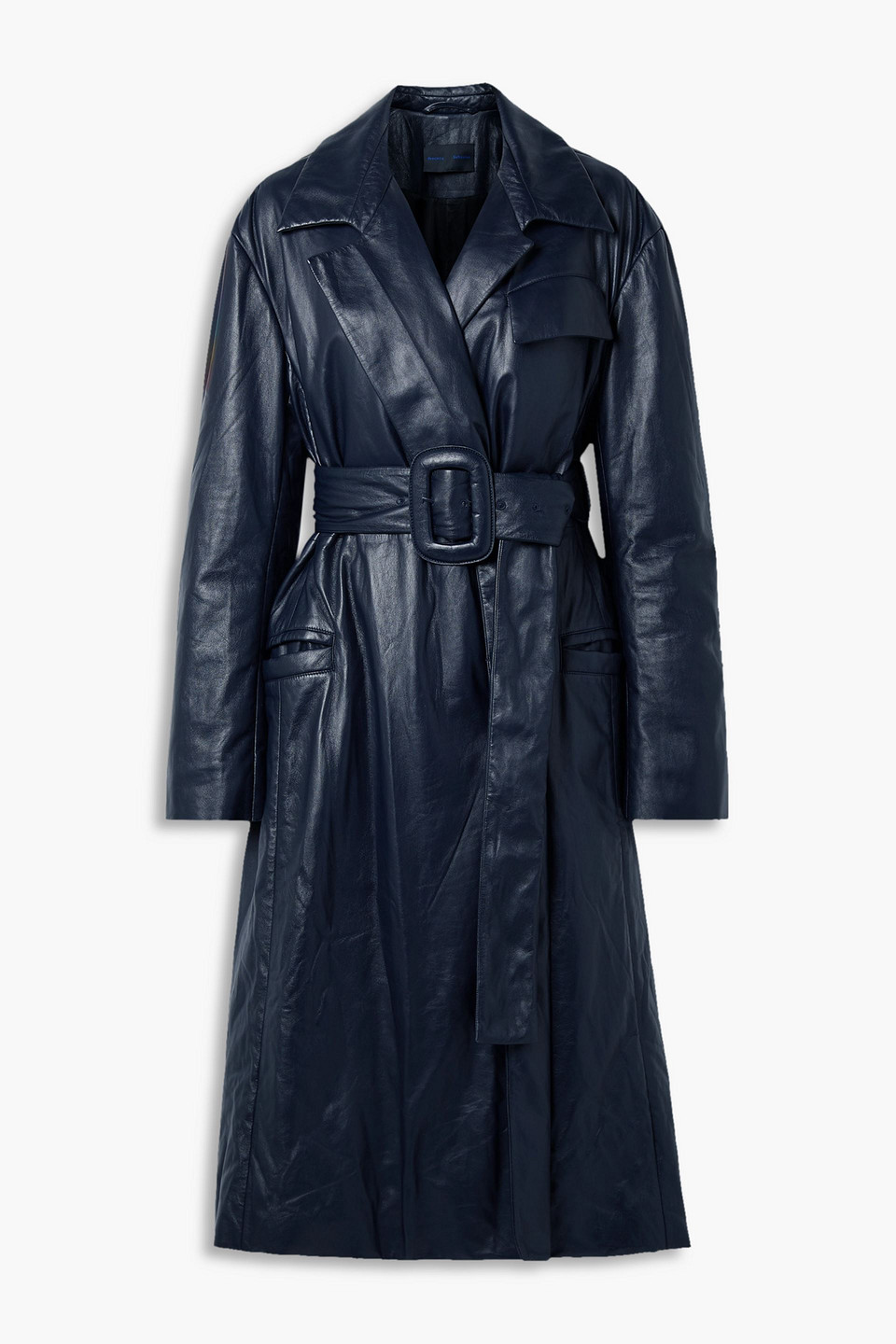 Belted leather trench coat