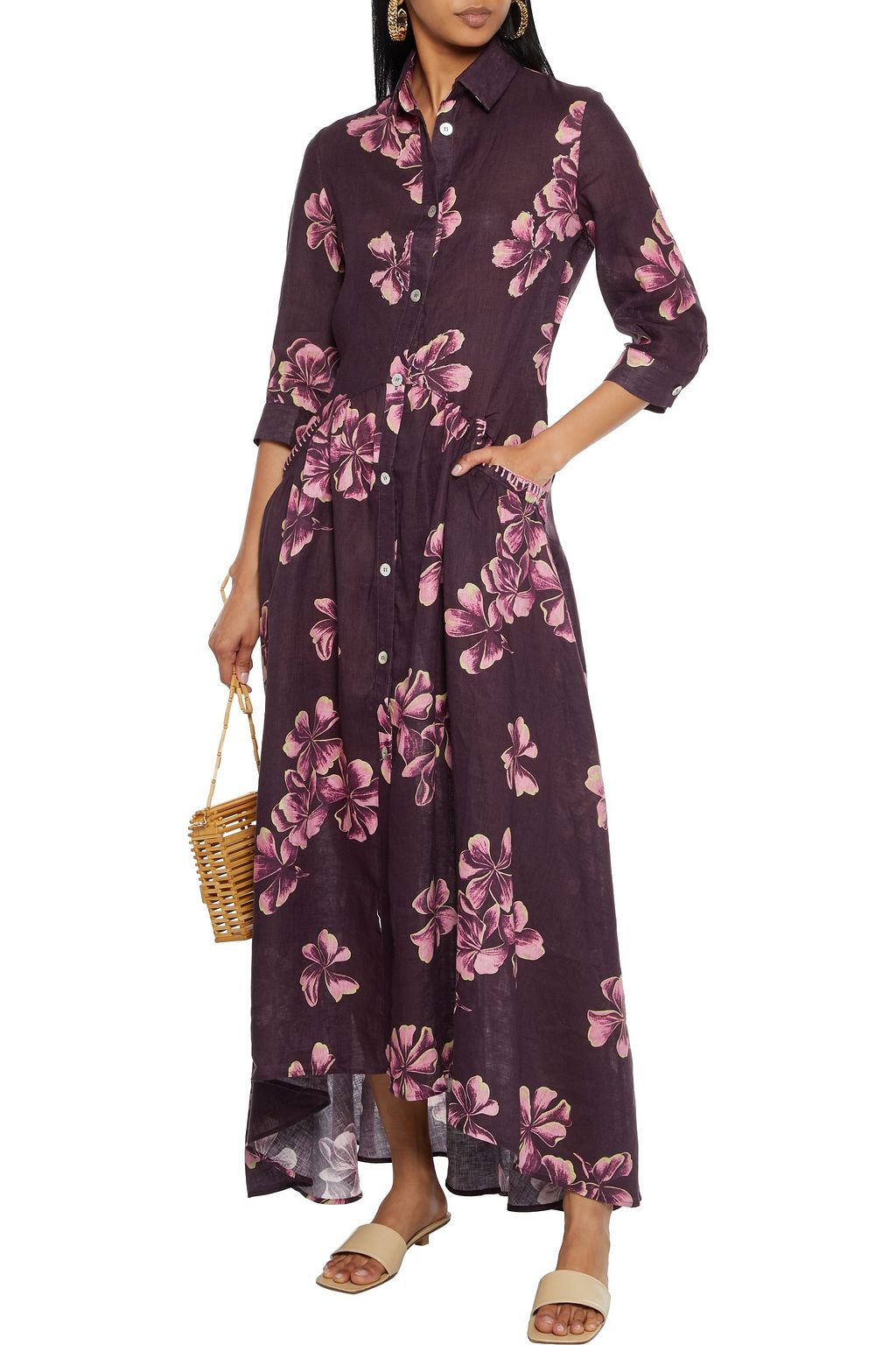 ANJUNA Frida crochet-trimmed floral-print linen maxi shirt dress