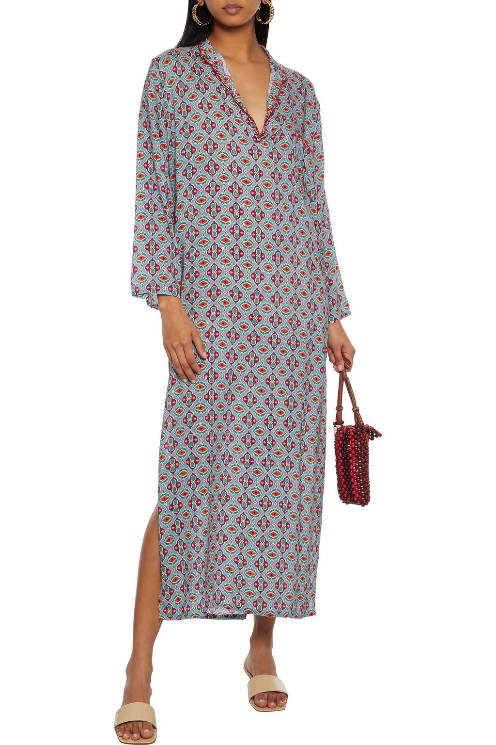 ANJUNA Lorena whipstitched printed metallic fil coupé voile kaftan