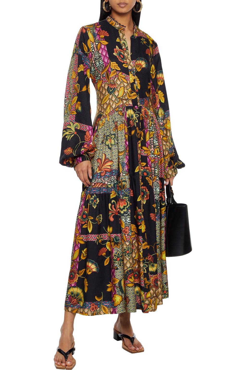 ANJUNA Linda crochet-trimmed printed satin-jacquard midi dress