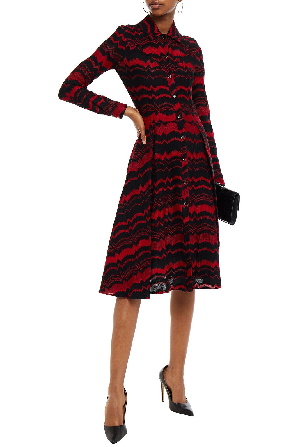 MISSONI Pleated crochet-knit cotton-blend midi shirt dress