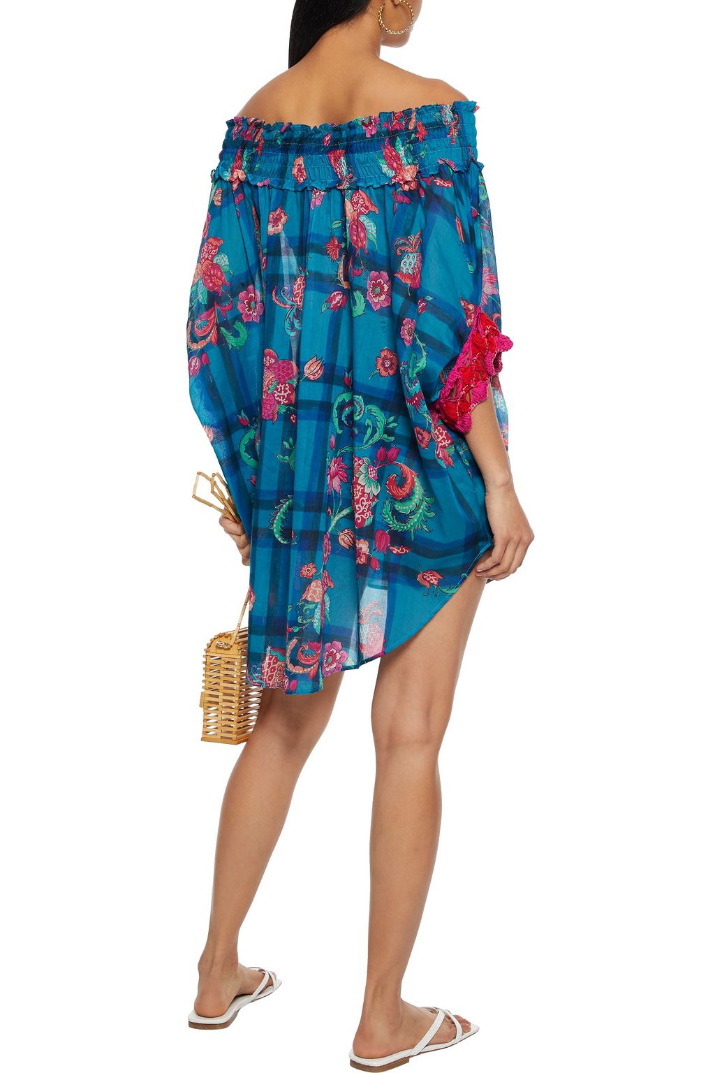 ANJUNA Off-the-shoulder crochet-trimmed printed cotton-voile kaftan