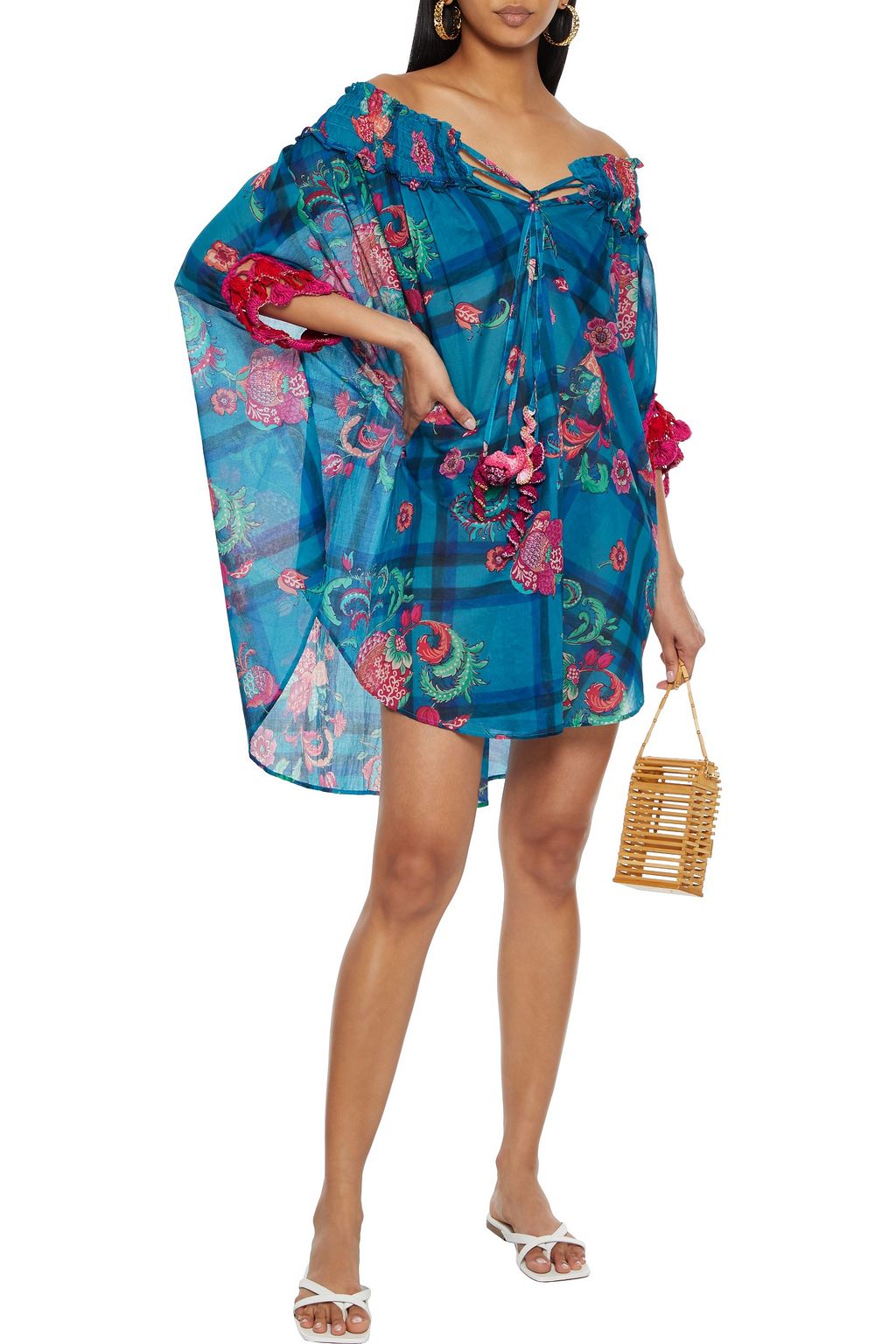 ANJUNA Off-the-shoulder crochet-trimmed printed cotton-voile kaftan