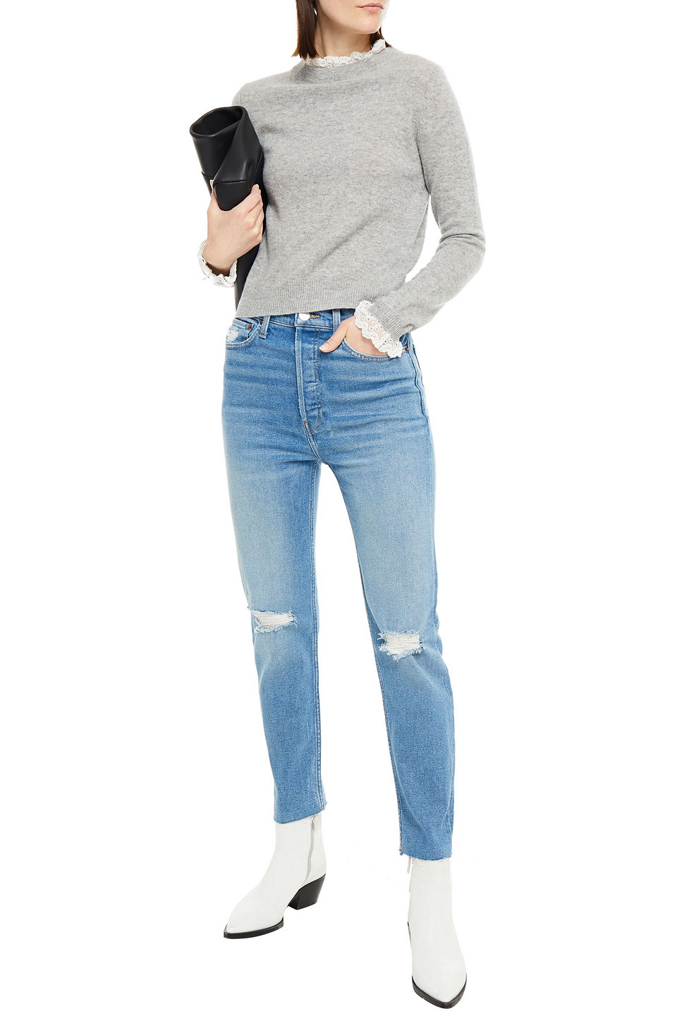 Click to view more detailed imagery on our partner's website Autumn Cashmere Lace-trimmed Mélange Cashmere Sweater In Gray