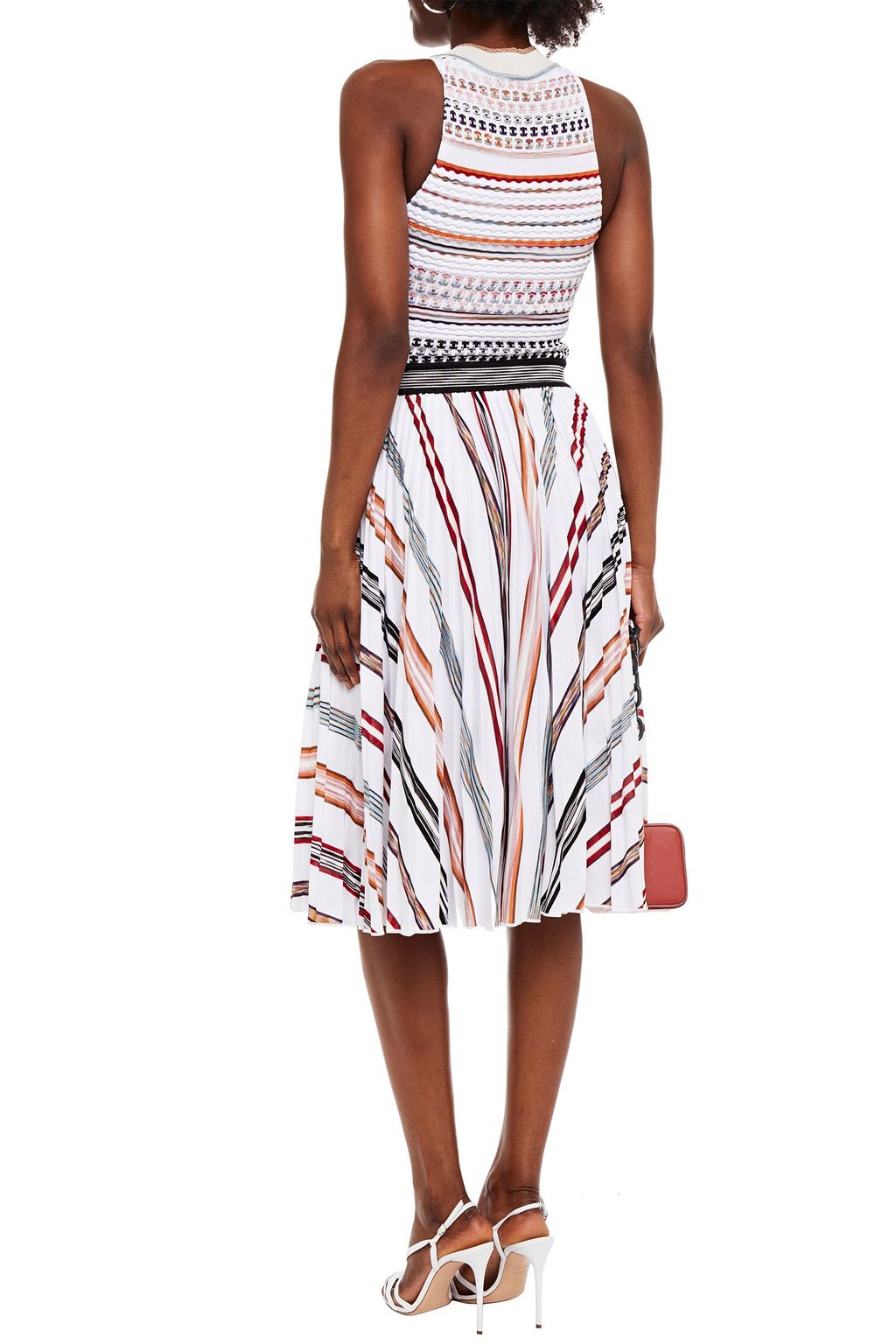 MISSONI Pleated striped crochet-knit cotton-blend dress