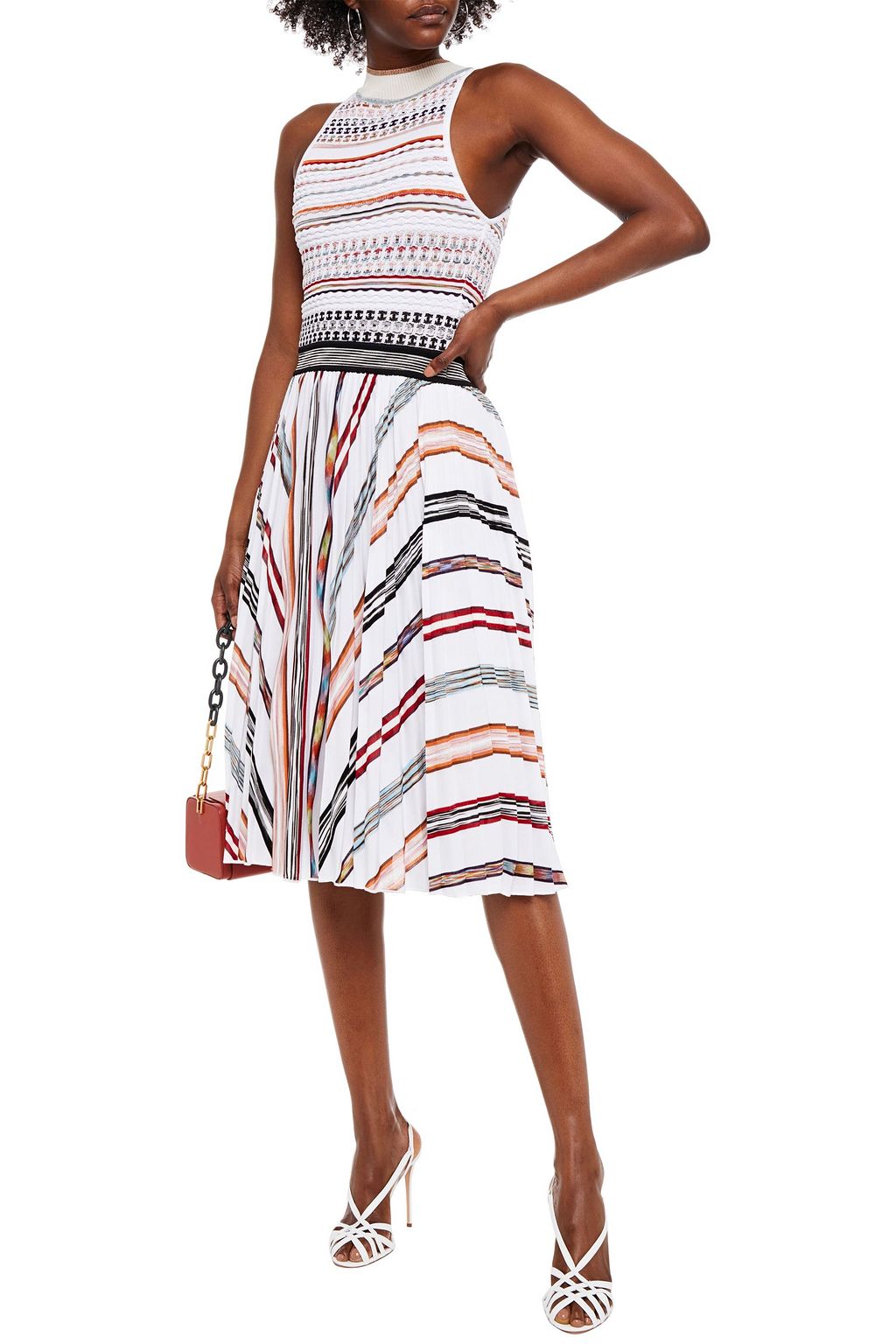 MISSONI Pleated striped crochet-knit cotton-blend dress