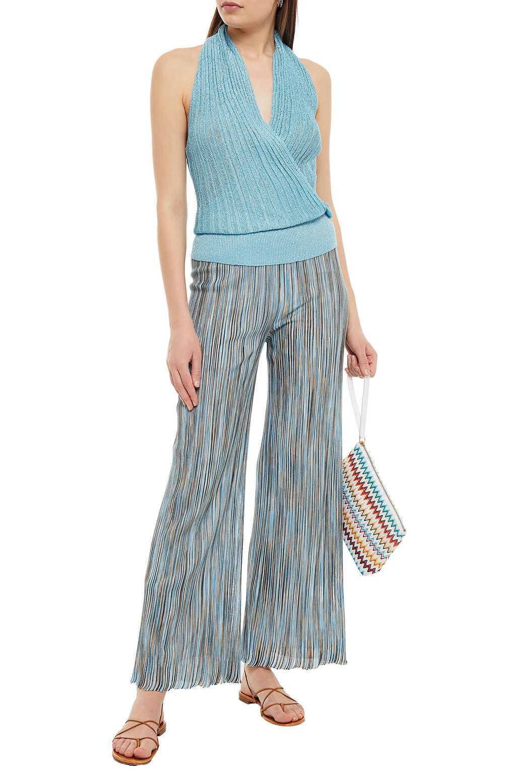 MISSONI Wrap-effect metallic ribbed-knit halterneck top
