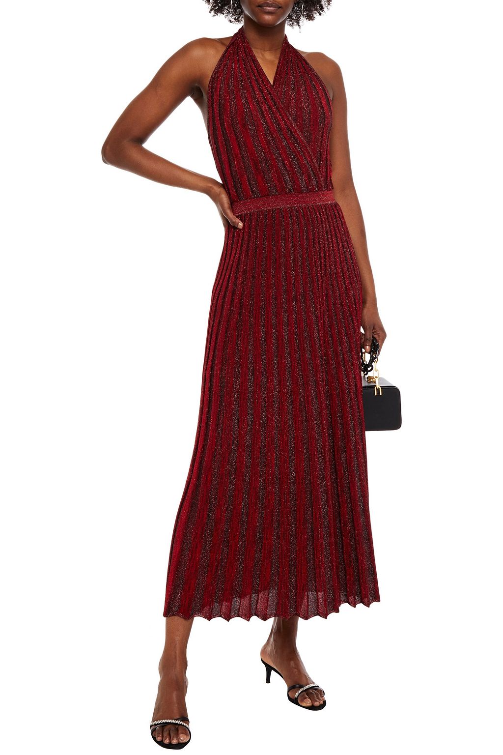 MISSONI Wrap-effect metallic ribbed-knit halterneck midi dress