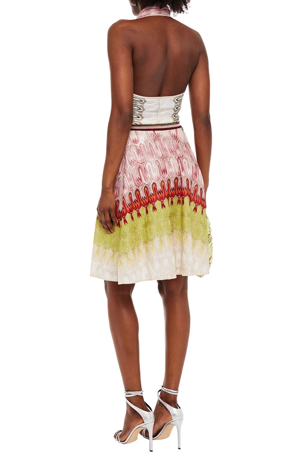 MISSONI Wrap-effect metallic crochet-knit halterneck dress