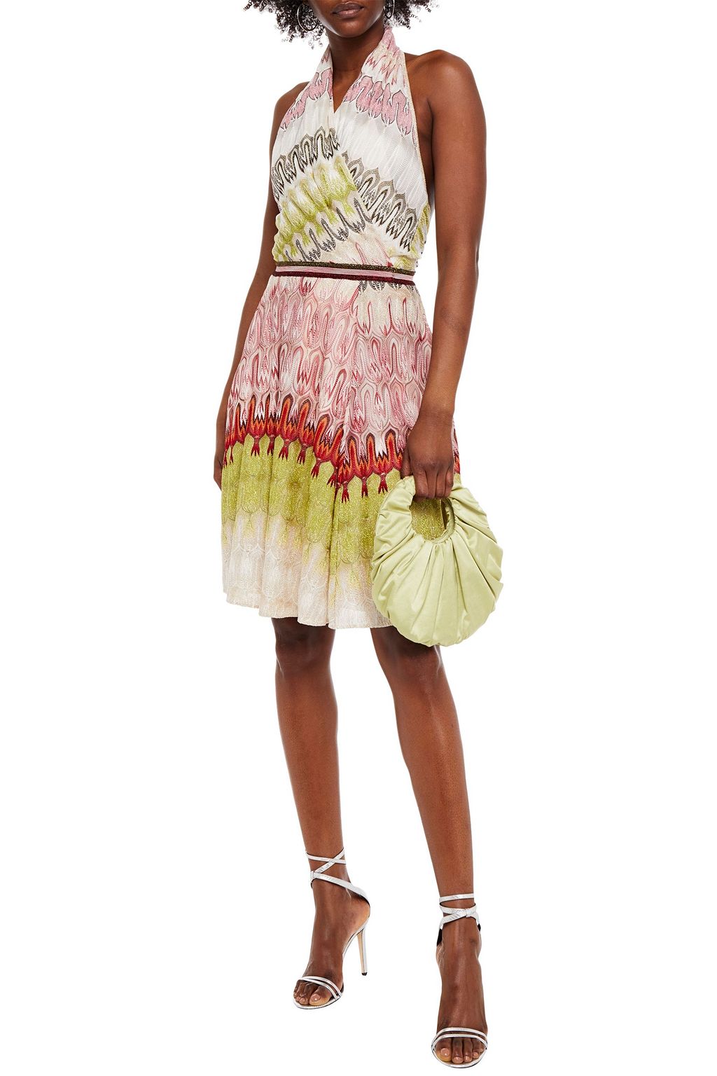 MISSONI Wrap-effect metallic crochet-knit halterneck dress