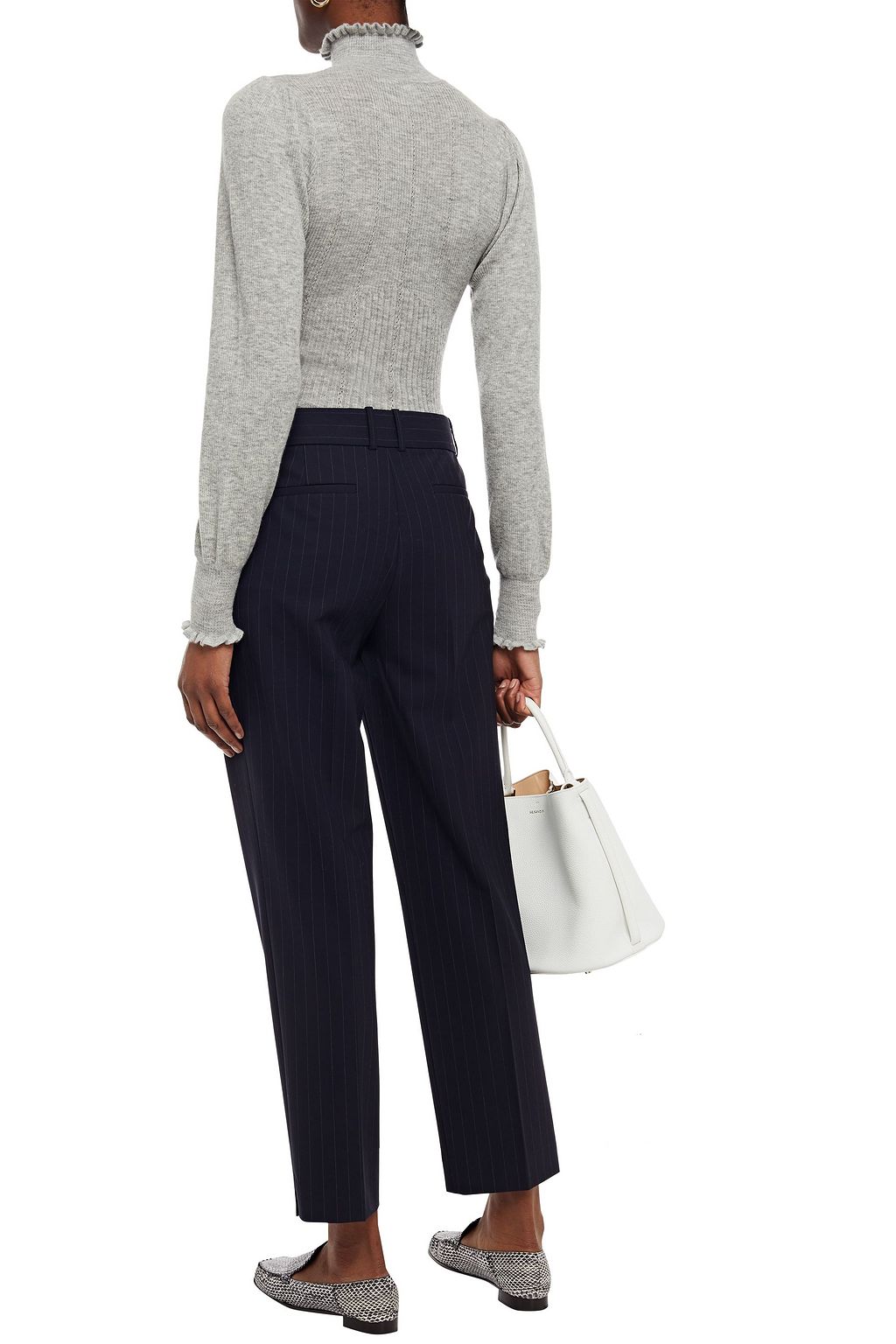 AUTUMN CASHMERE Ruffled ribbed mélange cashmere turtleneck sweater