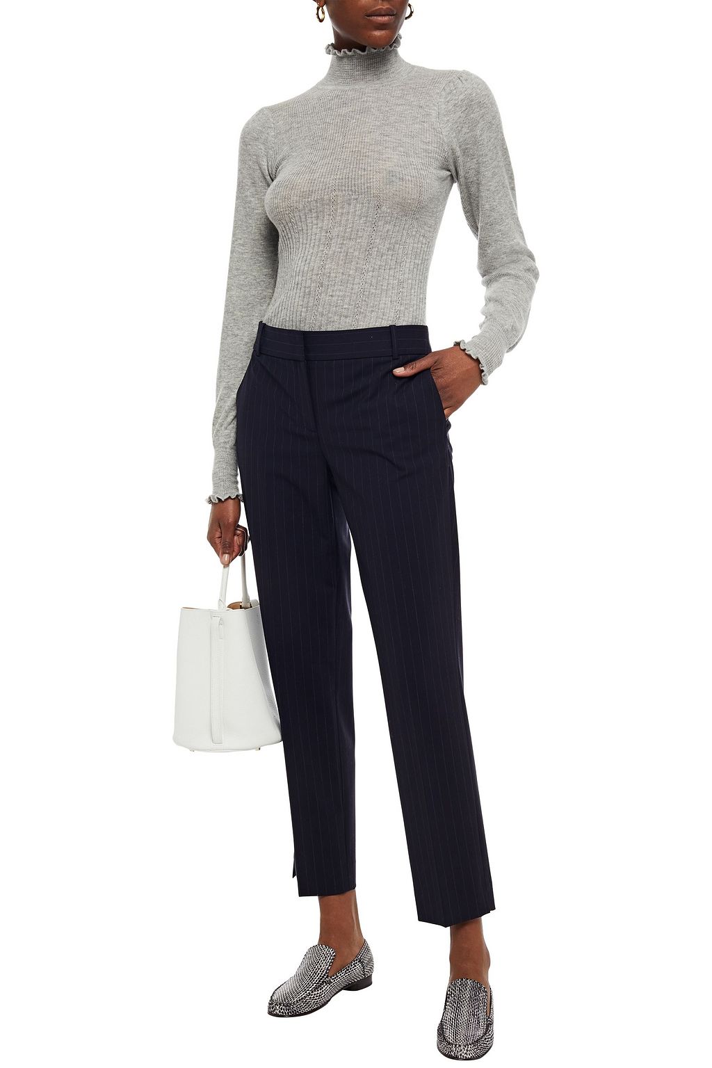 AUTUMN CASHMERE Ruffled ribbed mélange cashmere turtleneck sweater