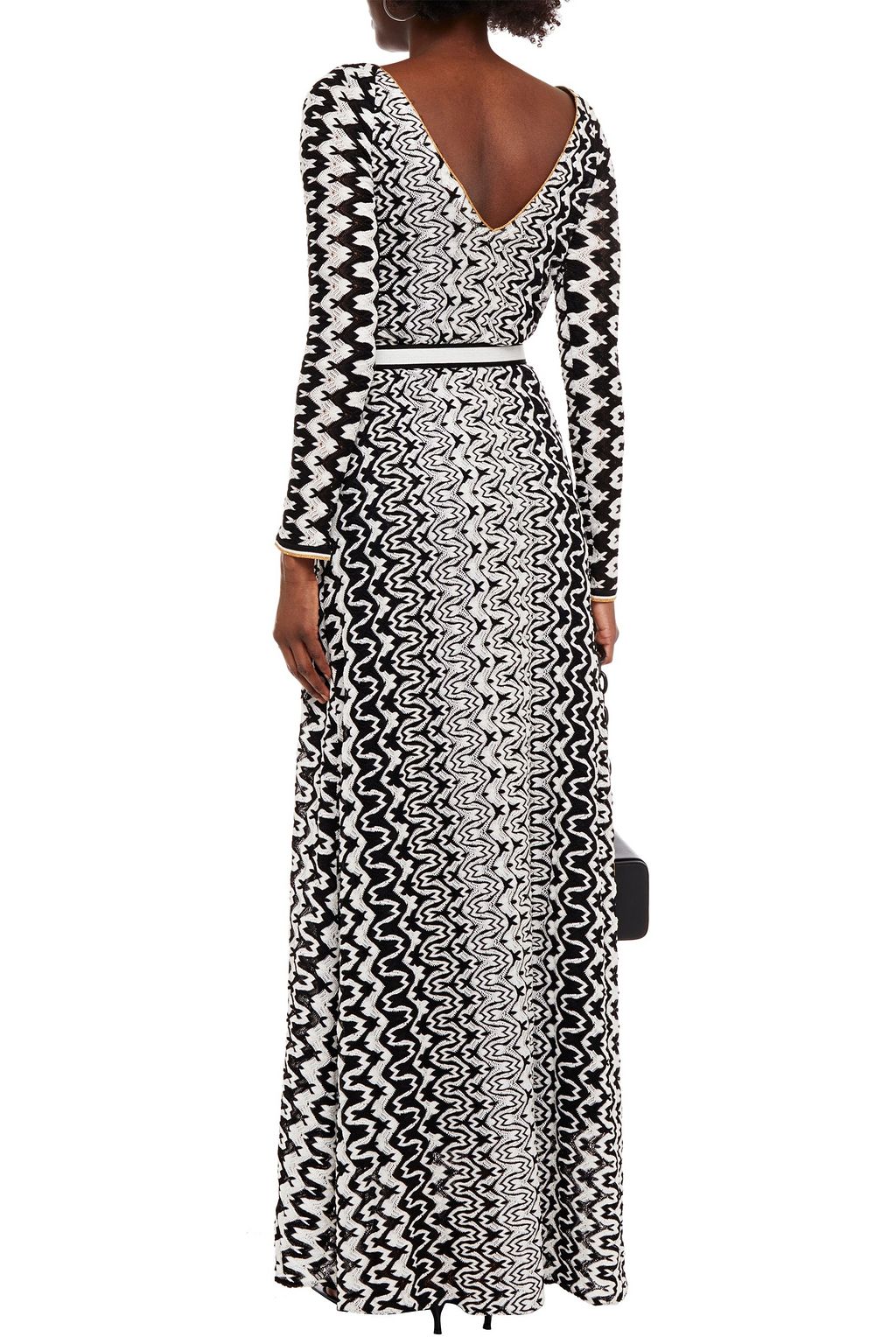 MISSONI Belted metallic-trimmed crochet-knit maxi dress