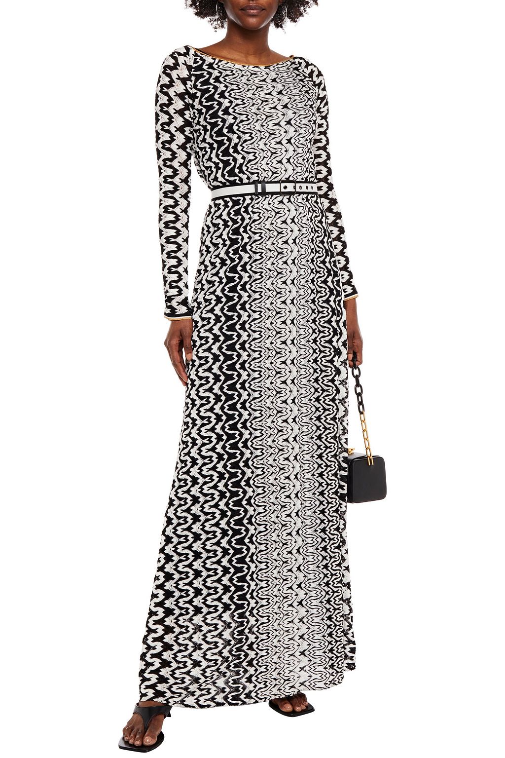MISSONI Belted metallic-trimmed crochet-knit maxi dress