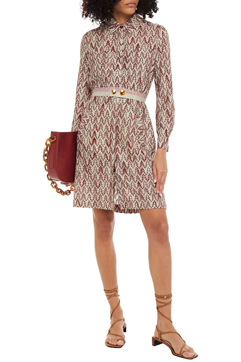 MISSONI Belted metallic crochet-knit dress
