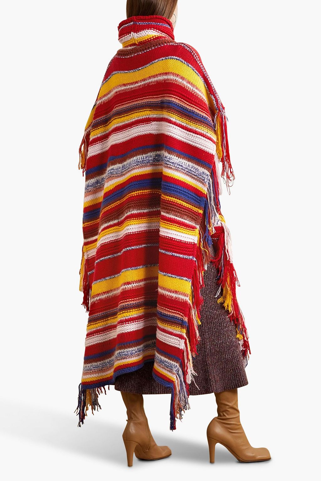 CHLOÉ Oversized fringed striped cashmere-blend turtleneck poncho