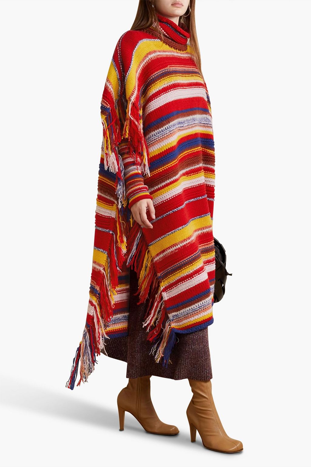 CHLOÉ Oversized fringed striped cashmere-blend turtleneck poncho