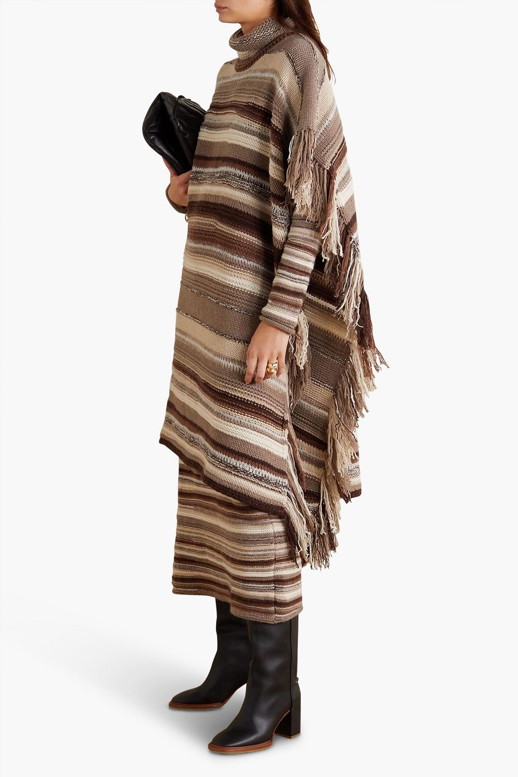 CHLOÉ Oversized fringed striped cashmere-blend turtleneck poncho