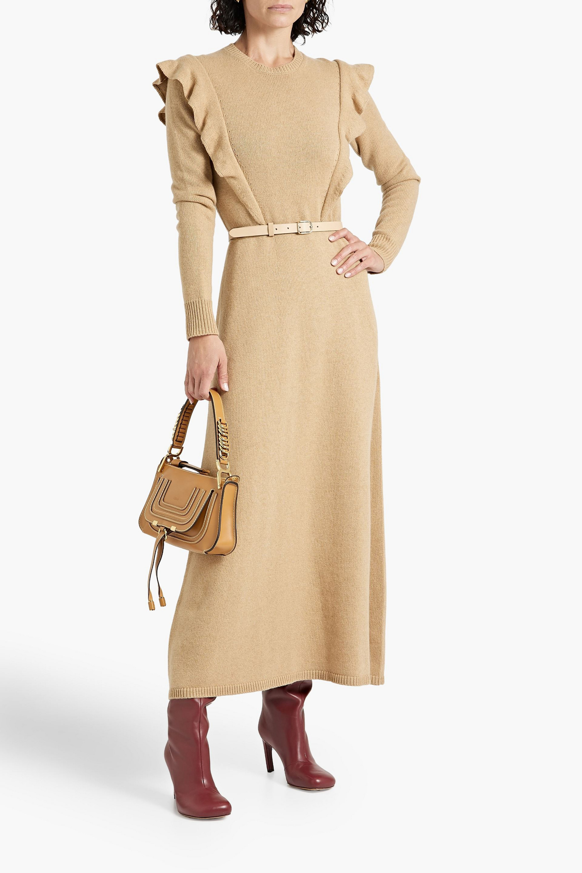 Chloé Belted ruffled cashmere midi dress