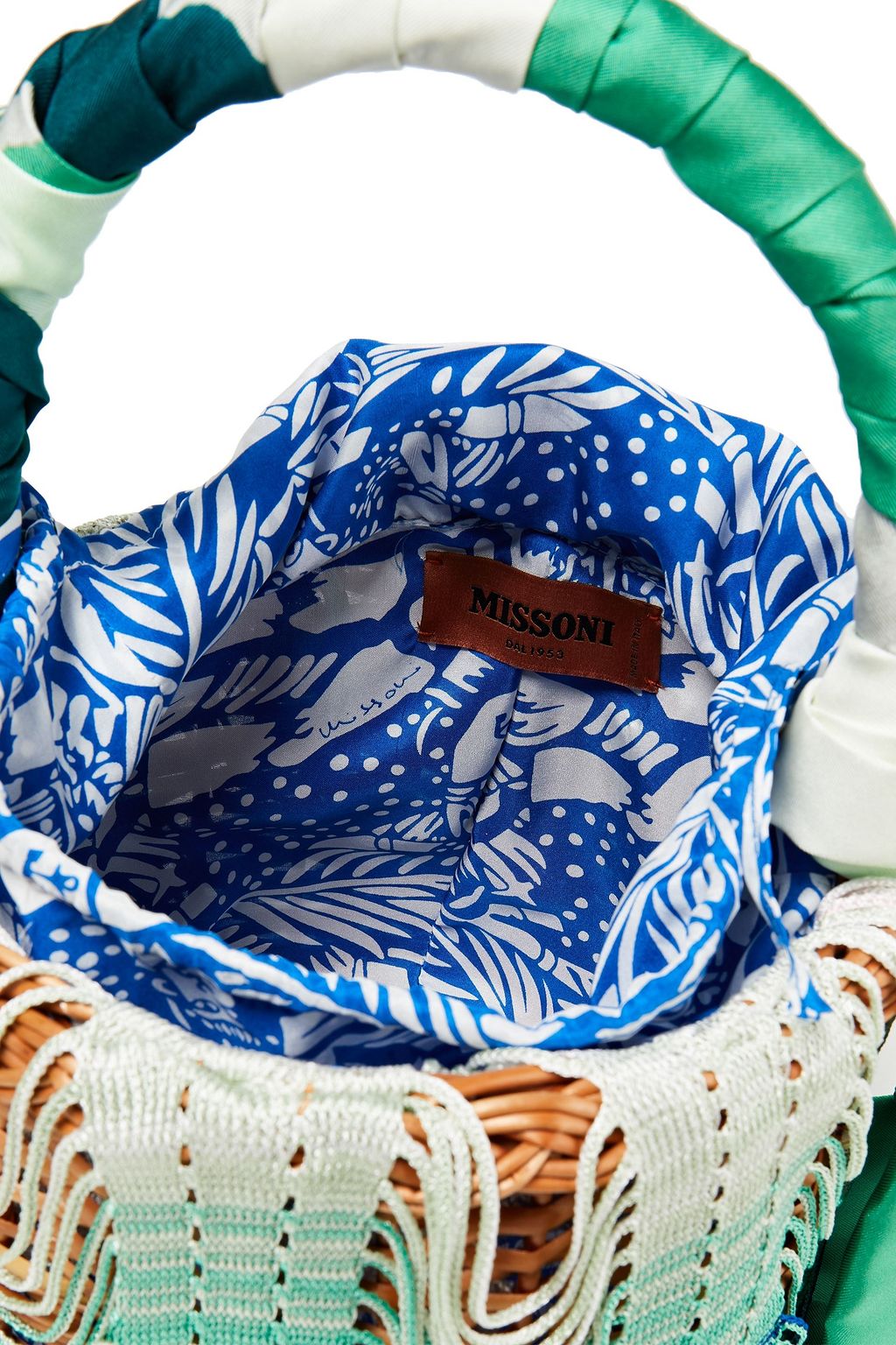 MISSONI Fringed crochet-knit and straw  bucket bag