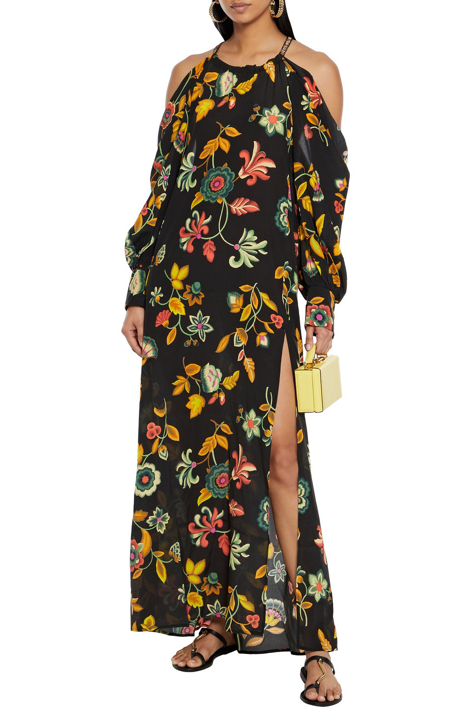 Anjuna Luna Cold-shoulder Draped Floral-print Silk Crepe De Chine Maxi Dress In Black