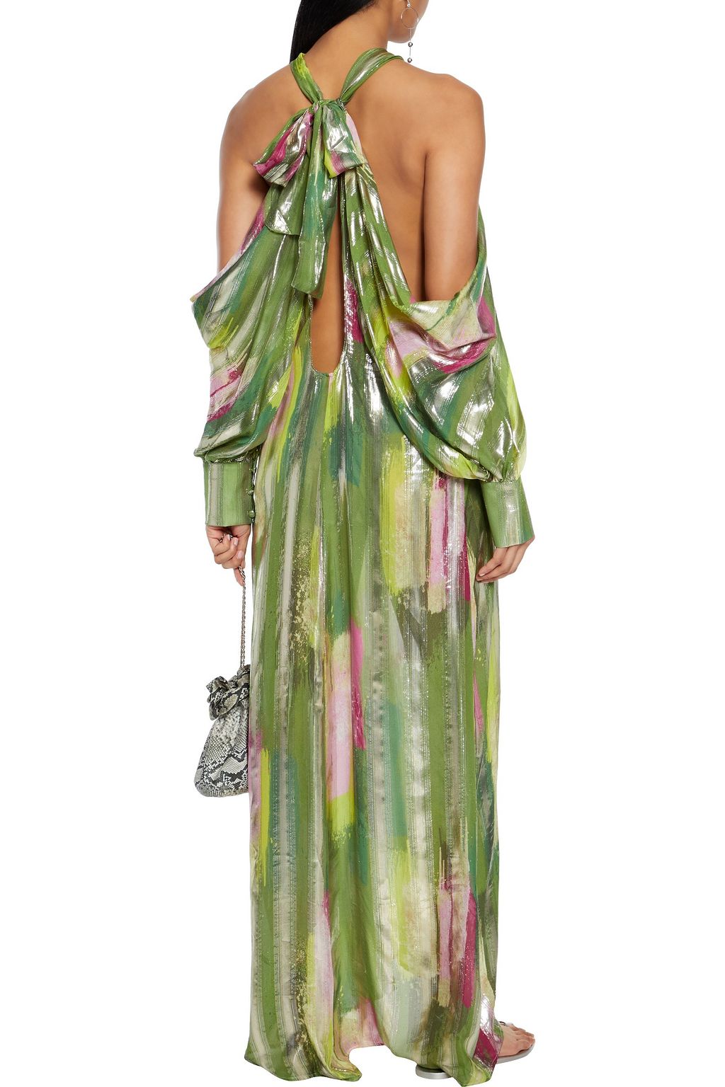 ANJUNA Luna cold-shoulder draped printed metallic silk-blend chiffon maxi dress