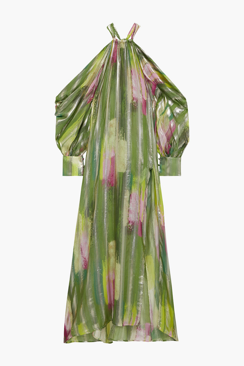 Luna cold-shoulder draped printed metallic silk-blend chiffon maxi dress