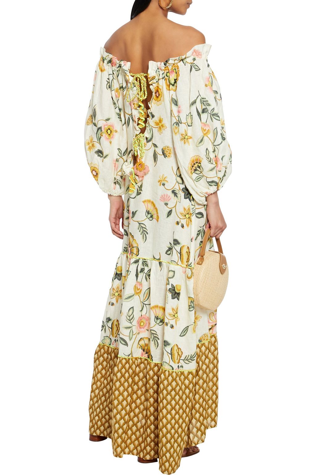 ANJUNA Loretta bow-detailed ruffle-trimmed floral-print flax maxi dress